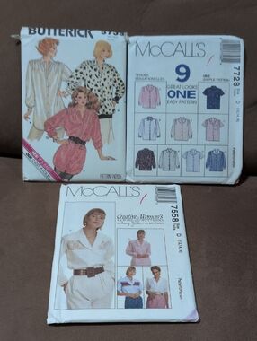 Vintage Women's Uncut/Unfolded Blouse Sewing Patterns Lot of 3 Size 12-16 L-XL